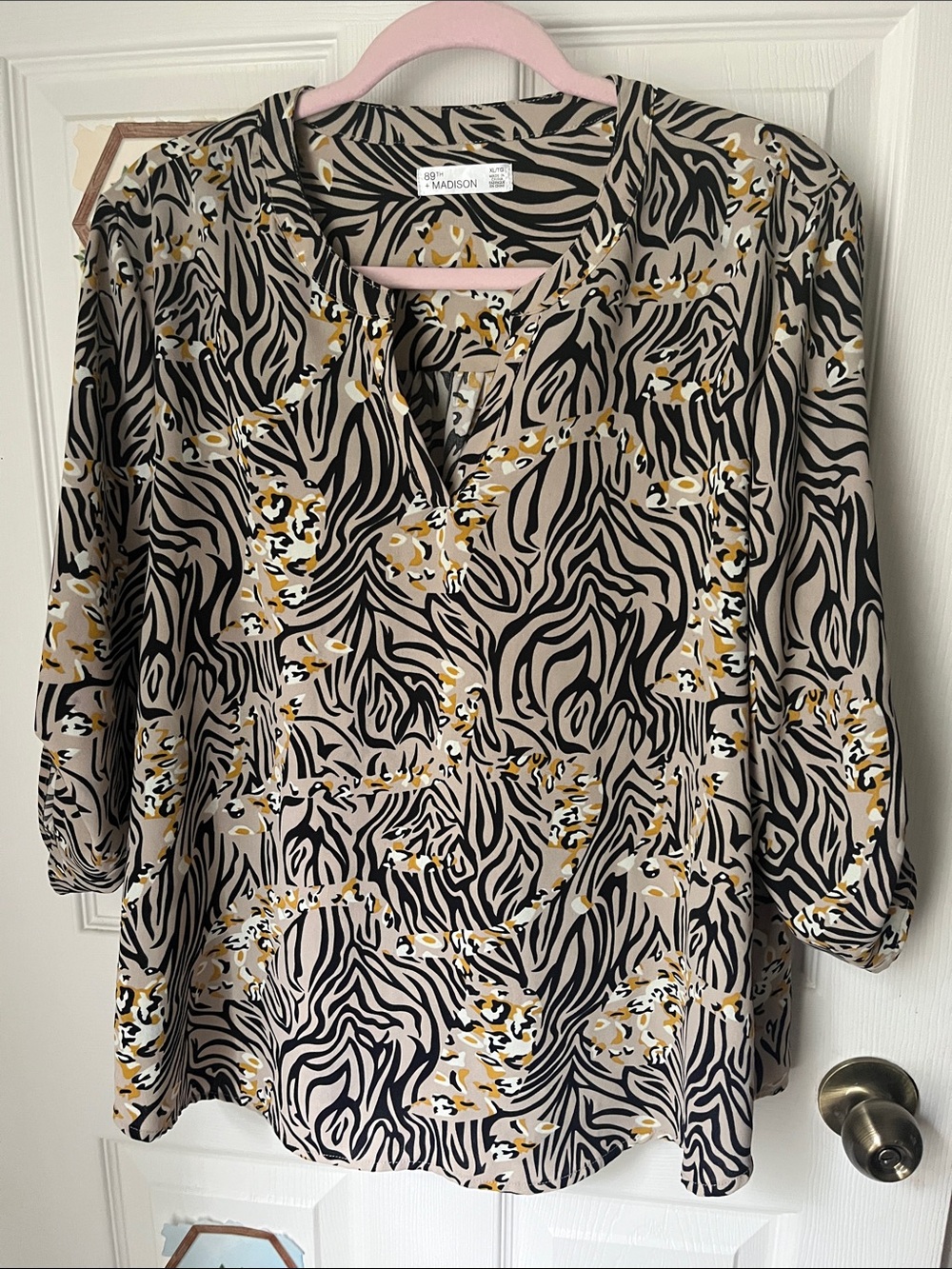 89th & Madison Taupe Black and Gold Animal-Print Shirt